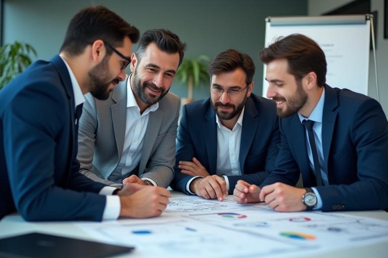 Telecommunications engineers discussing network plans